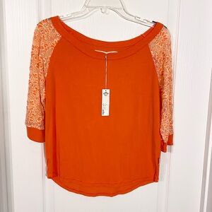 NWT T2Love Floral Lace Sleeve Wide Neck Knit Top USA MADE Orange Girl’s 14